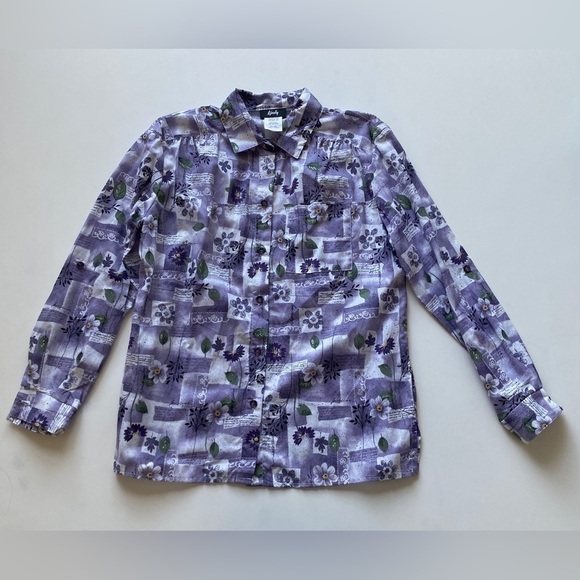 tapestry Tops - Vintage Tapestry Purple Garden Floral Button Up Roll Tab Shirt Women's Medium